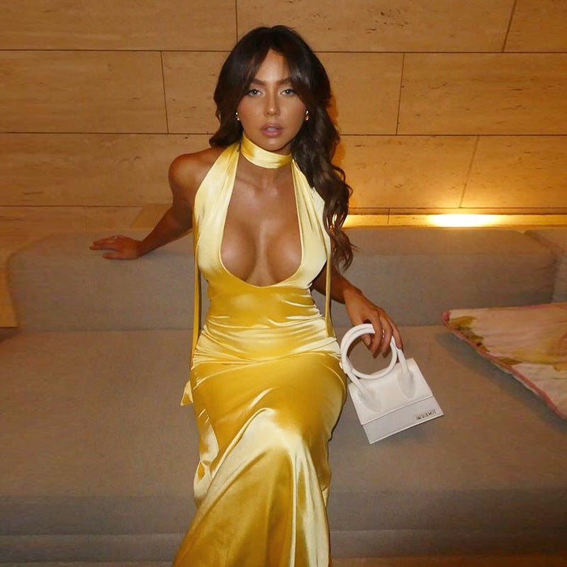 Elegant Deep V Halter Satin Dress