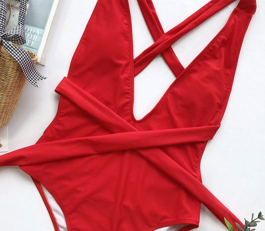Deep V Neck One Piece Swimwear