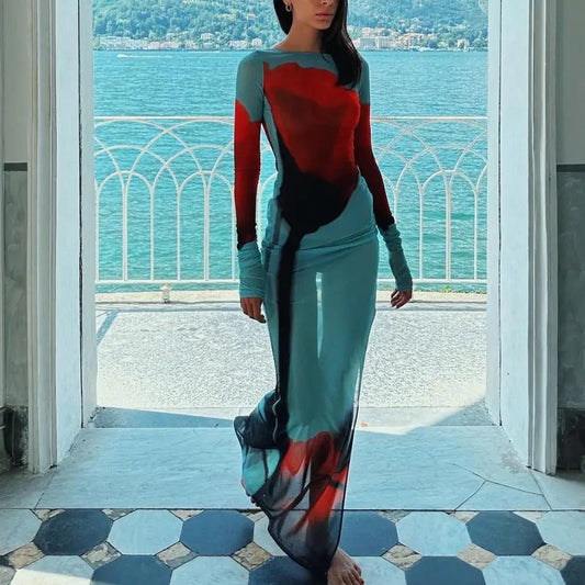 Long Sleeve Multicolored Swimwear Cover Up Dress