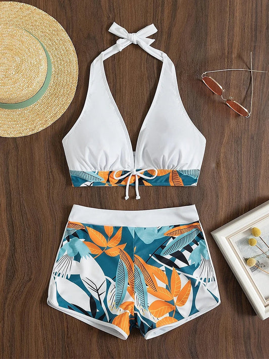 Solid Floral Print Bikini With Shorts